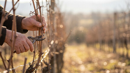 Hands prune grapevine in vineyard. Close up vineyard pruning with shears for Trifon Zarezan wine festival, garden preparation season, sustainable agriculture, vineyard work concept, copy space