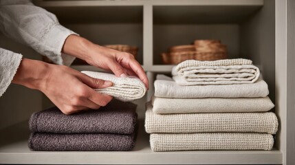 Medium shot of hands neatly folding linens by size on a shelf highlighting practical sorting for space efficiency and quick retrieval.