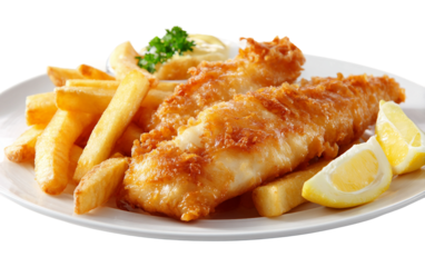 Gourmet fish and chips plated with crispy fish fillets and golden fries for a hearty meal isolated on transparent background PNG