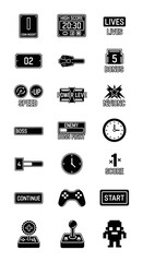 Retro Neon Icons for Arcade Game UI Elements and Score Levels.