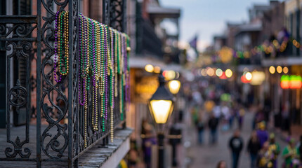 Mardi Gras beads on balcony rail. Colorful beads hang on French Quarter wrought iron, overlooking lively street bokeh, ideal for Mardi Gras parade or Fat Tuesday carnival promo, travel theme