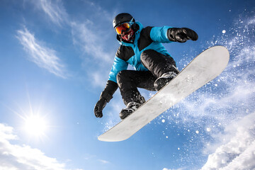 Jumping snowboarder from hill in winter
