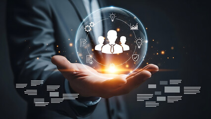 Businessman showing glowing virtual sphere with team leader icons and organizational structure network chart