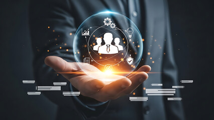 Business professional holding glowing crystal sphere with human resource icons and corporate network symbols