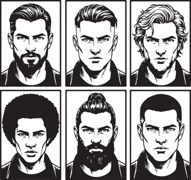 Stylized black and white portraits of diverse men with different hairstyles and facial hair