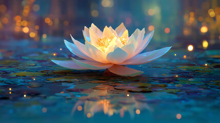 A glowing lotus flower floating on a tranquil pond, symbolizing enlightenment and freedom.