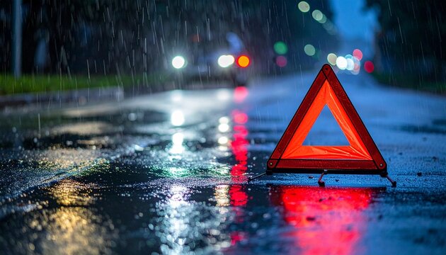 Segitiga peringatan di jalan basah pada malam hari dengan lampu lalu lintas yang buram.