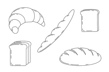 Bread Icon Set Vector Illustration Isolated on White Background, Hand Drawn Bakery Bread Loaves and Slices for Food Design