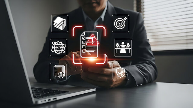 Professional man working on laptop and smartphone with compliance icons for risk assessment and data safety - Powered by Adobe