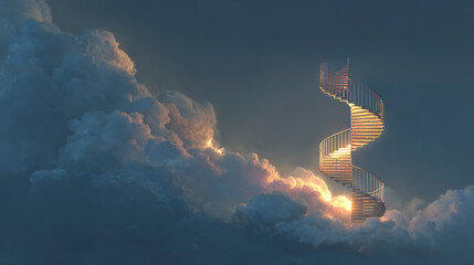 A glowing spiral staircase ascending into the clouds, symbolizing an upward outlook.