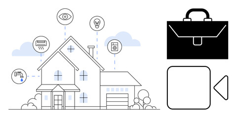 Smart home, technology, automation, security, energy efficiency, system integration. A house connected to devices with icons showing functionality. Smart home and technology concepts illustrated © robu_s