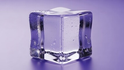 Clear ice cube on purple background  