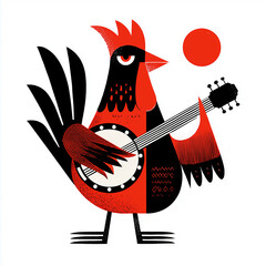 Stylized Red and Black Rooster Playing Banjo Folk Art Illustration