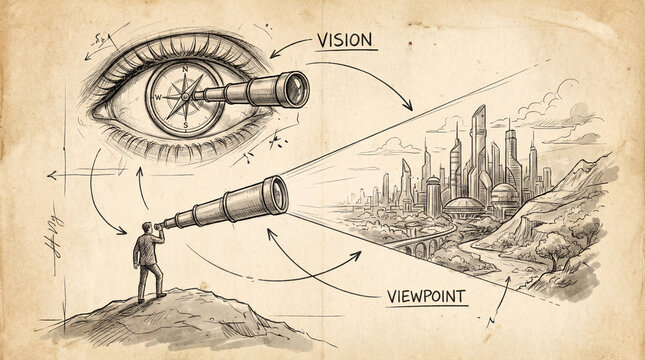 Conceptual sketch illustrating business vision, foresight and strategic viewpoint with telescope and future city