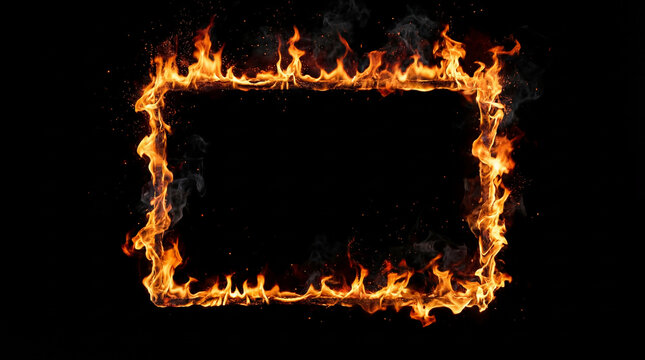 Rectangle frame made of fire flames burning on black background with copy space for text overlay