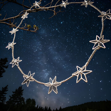 Stars woven into silver threads, sparkling across the night sky, symbolizing cosmic beauty, connection, destiny, magic, wonder, and celestial elegance.