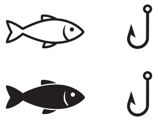 Line art and solid icon set featuring fish and hooks for fishing and seafood concepts