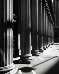Naklejka premium The shadow of a neighboring building falling on a row of columns drawing attention to their graceful curvature. Black and white art