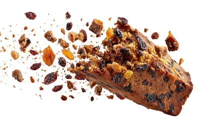 Chocolate chip cake slice with crumbs flying isolated on a white background, delicious dessert concept