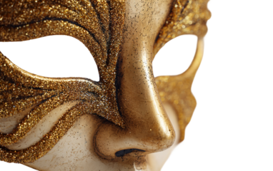 Decorative golden mask with sparkling glitter trim highlighting luxurious party and costume theme isolated on transparent background PNG