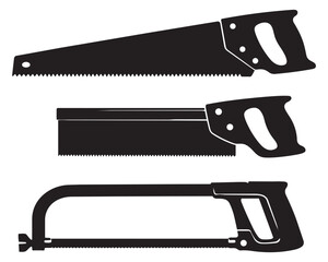 Silhouette saw tools set featuring a hand saw, tenon saw, and hacksaw for carpentry and repair