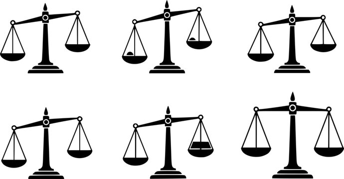 simple classic uneven unbalanced balanced balance justice scales silhouette vector set on transparent background