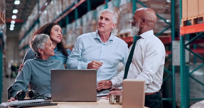 Logistics, team and people on laptop in warehouse for meeting, planning and supply chain. Distribution, shipping supervisor and workers on computer for inspection, production and inventory checklist