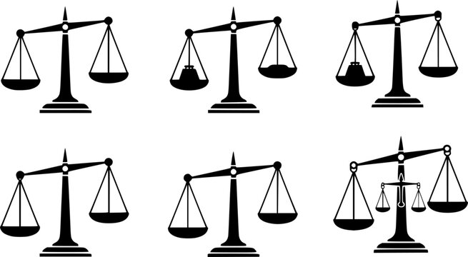 simple classic uneven unbalanced balanced balance justice scales silhouette vector set on transparent background