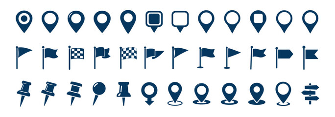 Map and location icon set with pins arrows flags and navigation symbols vector illustration isolated on transparent background © Виталий Опришко