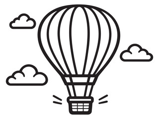 Simple line art illustration of a hot air balloon depicting flying among clouds for travel and adventure concepts