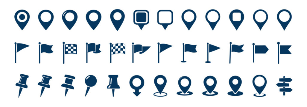 Map and location icon set with pins arrows flags and navigation symbols vector illustration isolated on transparent background