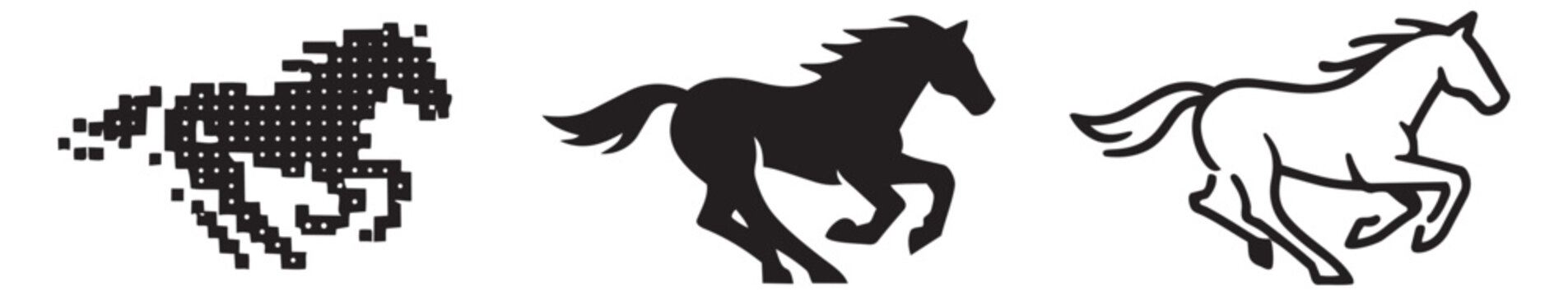 Stylized horse set featuring pixel, silhouette, and line art running horses for design projects