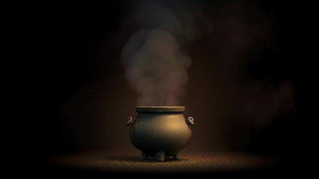 A black cauldron emits colorful smoke in shades of blue and purple against a dark background. The scene evokes a magical or mystical atmosphere.