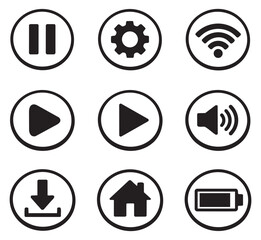 Simple line art UI icon set featuring pause, play, settings, wifi, volume, download, home, and battery symbols for modern web and app interfaces