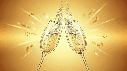 a golden illustration depicts two champagne glasses clinking together amid sparkling bubbles and confetti celebrating a joyous occasion high quality