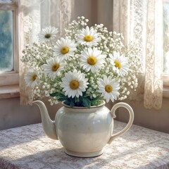 Fototapeta premium A teapot vase brimming with daisies and baby's breath sits on a lace-covered table, bathed in a warm glow from sunlight filtering through the window