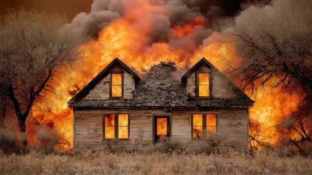 Old house on fire in the countryside near trees and dry grass