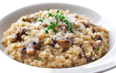 Gourmet creamy risotto with fresh mushrooms and parmesan highlighting comforting and visually appealing Italian dish isolated on transparent background PNG