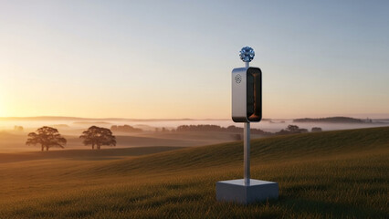 Futuristic Technology Device in Rural Landscape at Sunrise