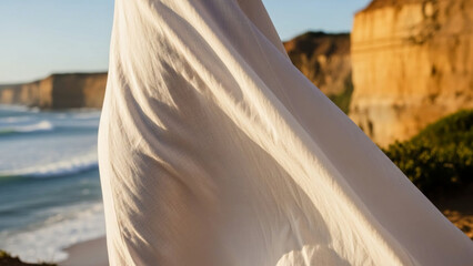 White Fabric Flowing in Wind at Coastal Cliff Beach
