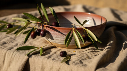 Ceramic Bowl with Fresh Olive Branches on Beige Linen Tablecloth