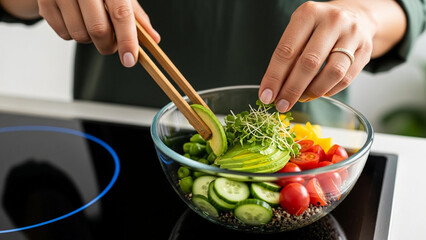 Person Preparing Healthy Quinoa Salad Bowl with Avocado and Sprouts
