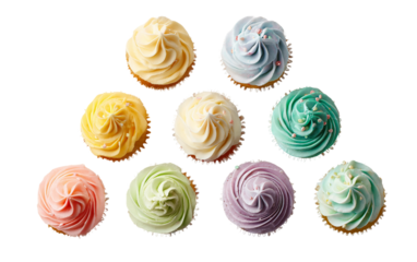Gourmet cupcakes arranged creatively in triangle highlighting vibrant frosting colors and indulgent dessert appeal isolated on transparent background PNG