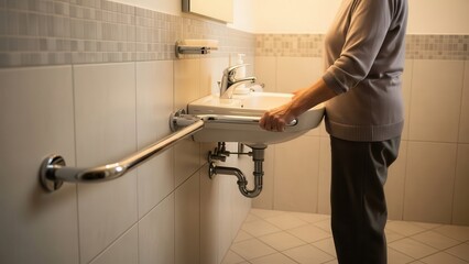 Shower safety solutions elderly concept. Senior using a grab bar in a bathroom for support while at a sink.