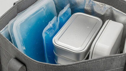Insulated cooler bag packed with blue ice packs and metal lunch boxes