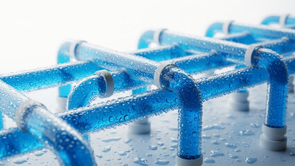 Blue translucent pipe network system with condensation and water droplets on white background
