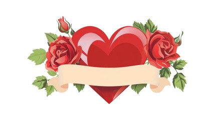 Red Heart with Roses and Ribbon Banner Illustration