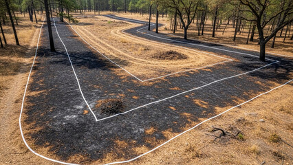 Aerial view of a controlled burn area in a forest with white lines marking the perimeter