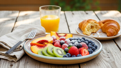 Healthy Breakfast with Fresh Fruits and Croissants on Wooden Table