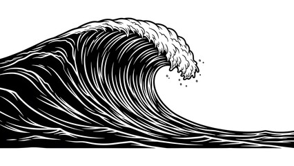 Powerful Ocean Wave Vector Illustration - Vintage Style Black and White Sea Surge